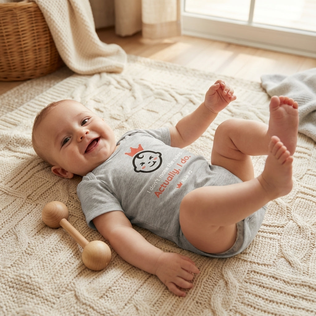 Grey marl funny baby grow with winking baby mascot and I Dont Make The Rules Actually I Do text by Baby Rules Co